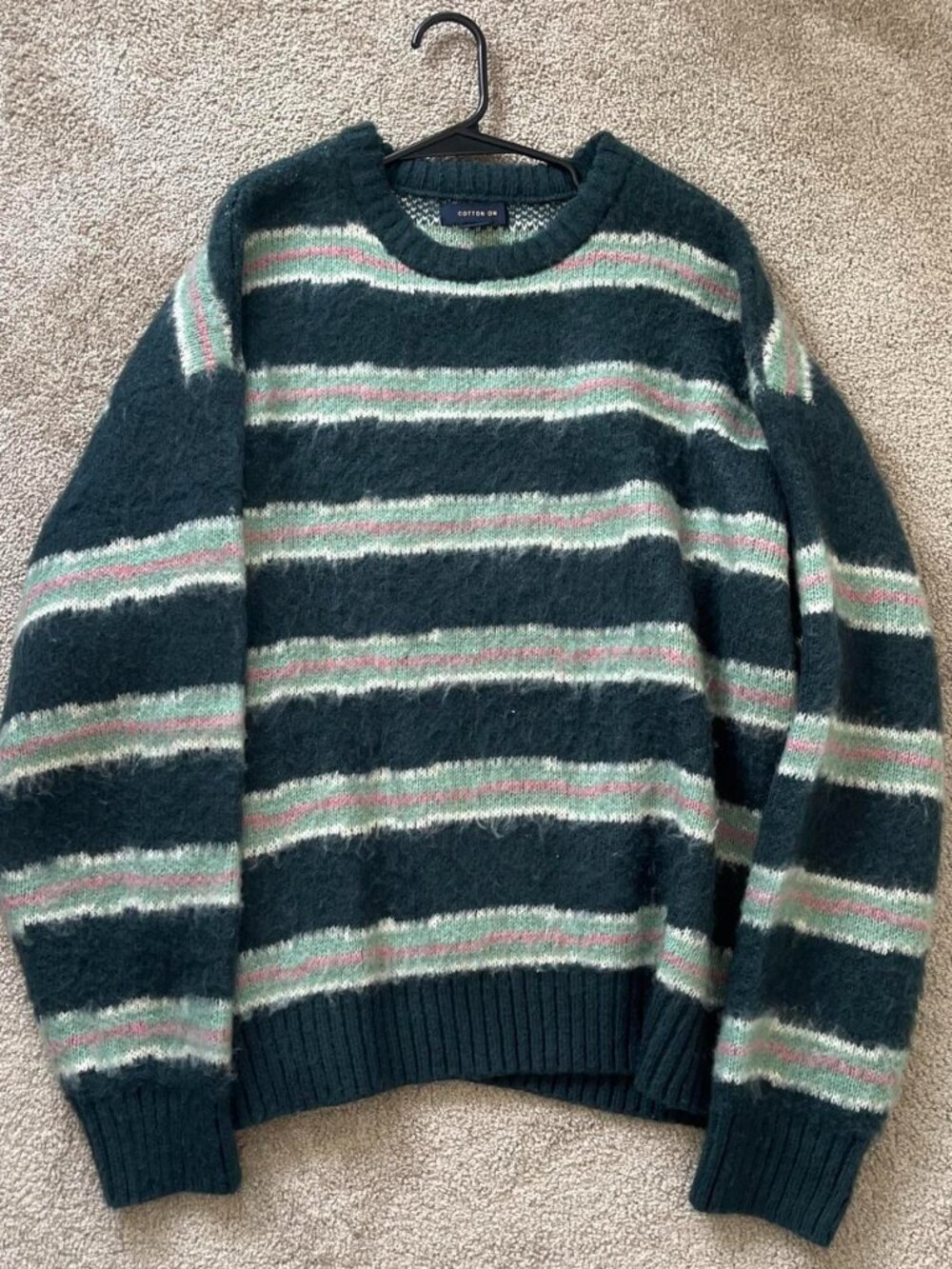Cotton On Fuzzy Stripe Crewneck Sweater Green Pink Oversized